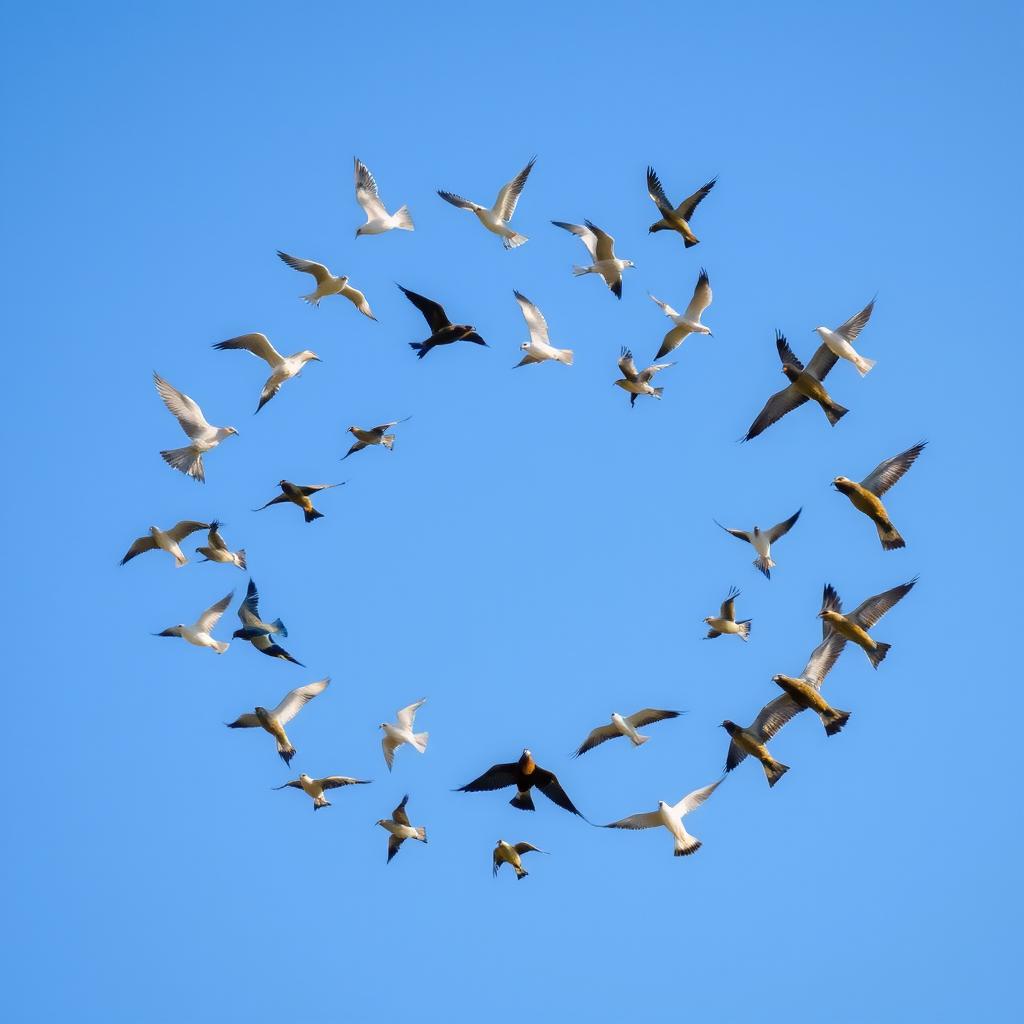 A stunning scene of a spiral formation of flying birds soaring across a clear blue sky