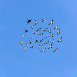 A stunning scene of a spiral formation of flying birds soaring across a clear blue sky