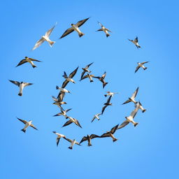 A stunning scene of a spiral formation of flying birds soaring across a clear blue sky