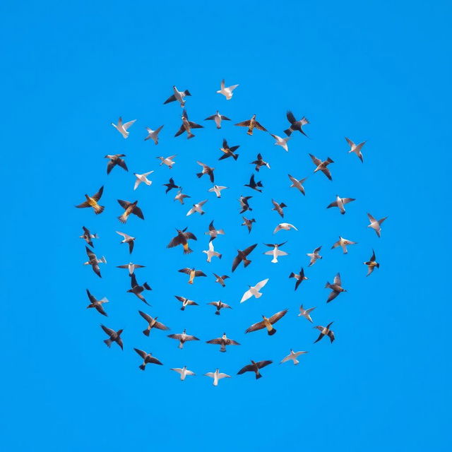 A stunning scene of a spiral formation of flying birds soaring across a clear blue sky