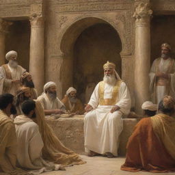 Prophet Ibrahim, radiant with determination, turns his attention to preach to King Nimrod in the ancient city of Babylon. The king, surrounded by opulence, listens intently, adding a powerful dynamic to the scene.