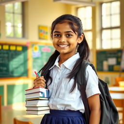 A full-length portrait of a young Indian school girl, dressed in a traditional school uniform with neat pleats and a crisp white shirt