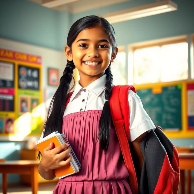 A full-length portrait of a young Indian school girl, dressed in a traditional school uniform with neat pleats and a crisp white shirt