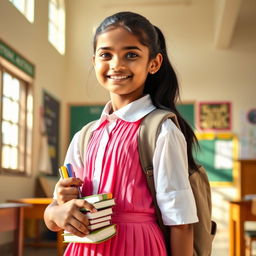 A full-length portrait of a young Indian school girl, dressed in a traditional school uniform with neat pleats and a crisp white shirt