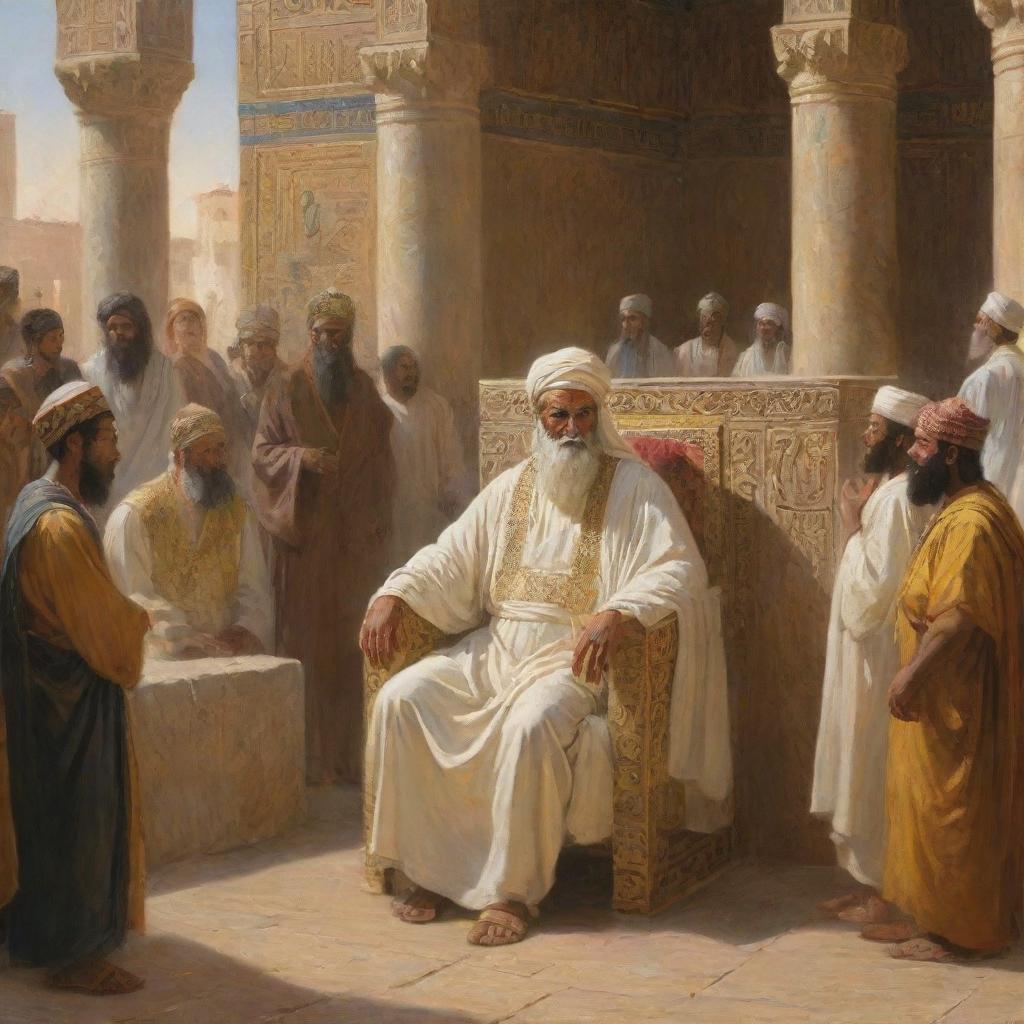 Prophet Ibrahim, radiant with determination, turns his attention to preach to King Nimrod in the ancient city of Babylon. The king, surrounded by opulence, listens intently, adding a powerful dynamic to the scene.