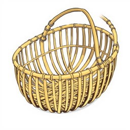 An illustration of a simple, thin bamboo woven basket, featuring no handles and a minimalist design