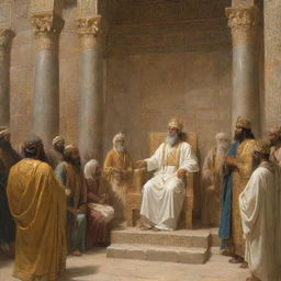 Prophet Ibrahim, radiant with determination, turns his attention to preach to King Nimrod in the ancient city of Babylon. The king, surrounded by opulence, listens intently, adding a powerful dynamic to the scene.