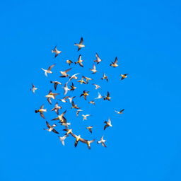 A stunning scene featuring a spiral formation of flying birds gracefully soaring through a clear blue sky