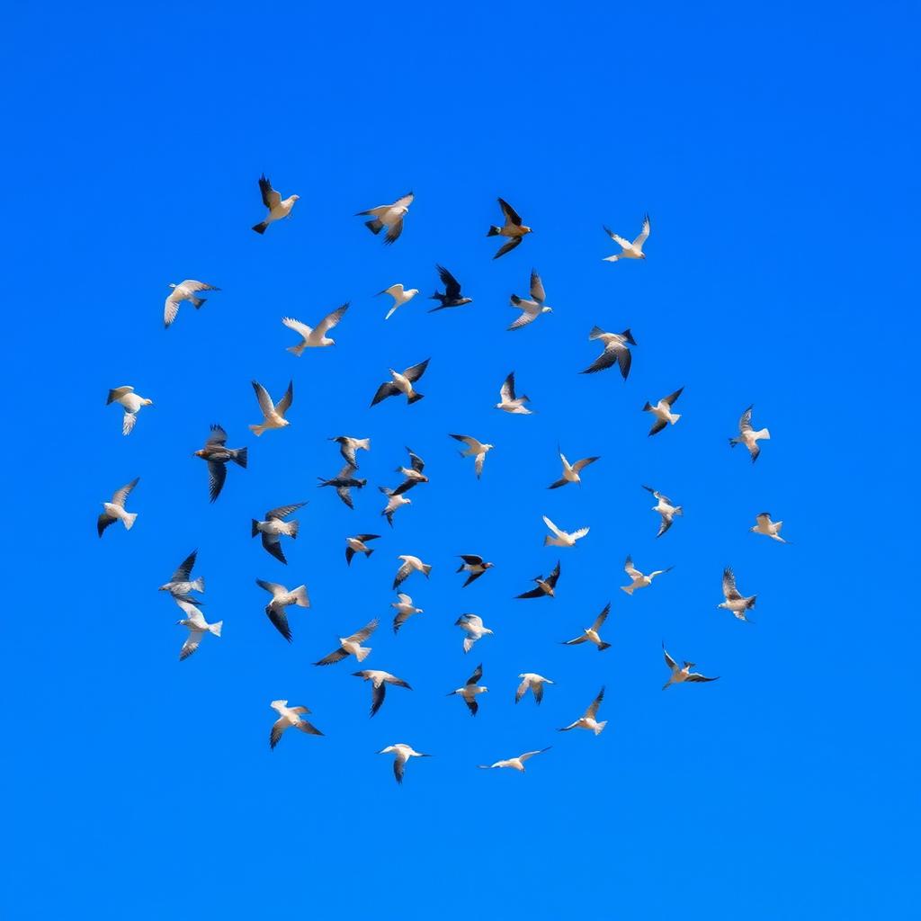 A stunning scene featuring a spiral formation of flying birds gracefully soaring through a clear blue sky