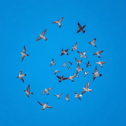 A stunning scene featuring a spiral formation of flying birds gracefully soaring through a clear blue sky