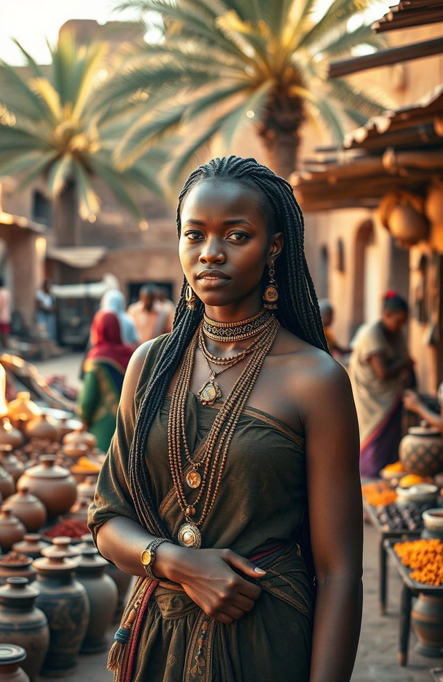 A young African woman dressed in traditional historical attire, standing gracefully in an ancient marketplace filled with vibrant textiles, pottery, and spices