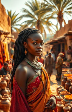 A young African woman dressed in traditional historical attire, standing gracefully in an ancient marketplace filled with vibrant textiles, pottery, and spices