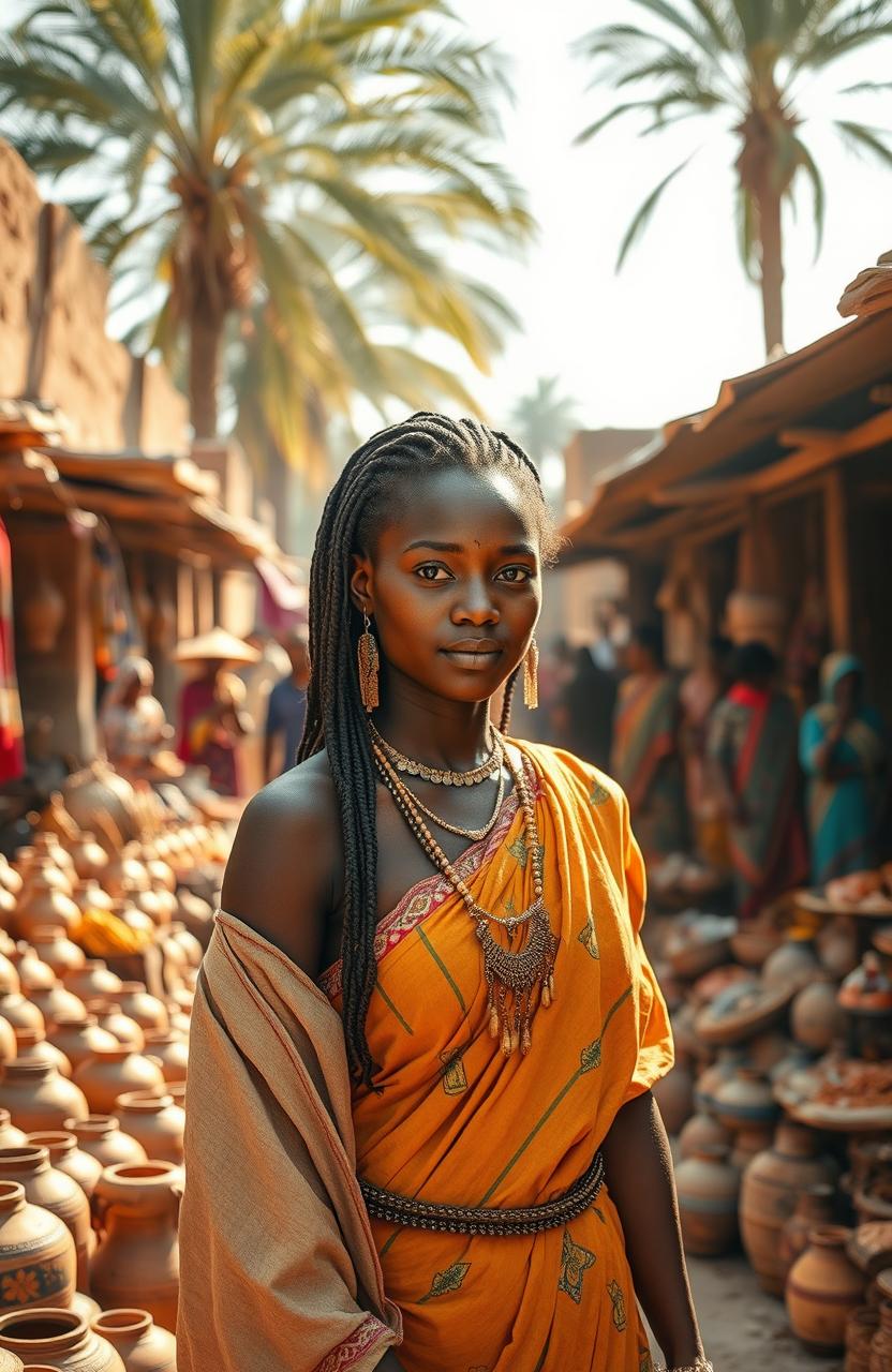 A young African woman dressed in traditional historical attire, standing gracefully in an ancient marketplace filled with vibrant textiles, pottery, and spices