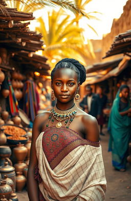 A young African woman dressed in traditional historical attire, standing gracefully in an ancient marketplace filled with vibrant textiles, pottery, and spices