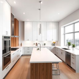 A modern and stylish kitchen design featuring high-end appliances, sleek cabinetry, and a spacious island in the center