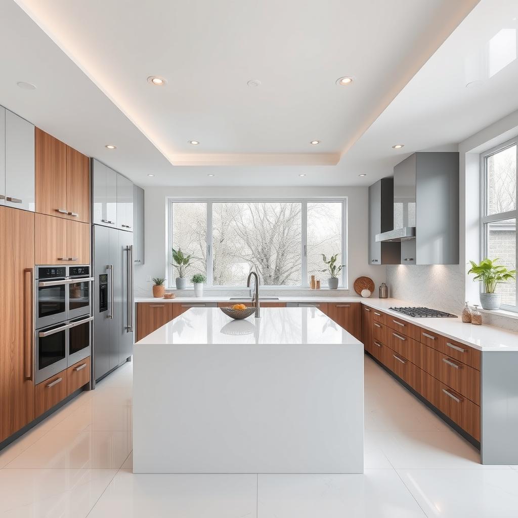 A modern and stylish kitchen design featuring high-end appliances, sleek cabinetry, and a spacious island in the center