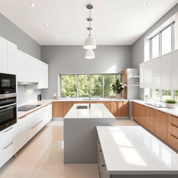 A modern and stylish kitchen design featuring high-end appliances, sleek cabinetry, and a spacious island in the center