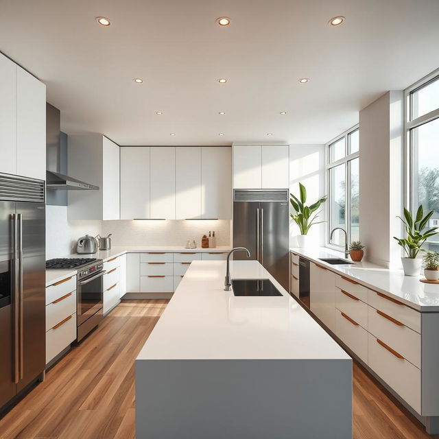 A modern and stylish kitchen design featuring high-end appliances, sleek cabinetry, and a spacious island in the center