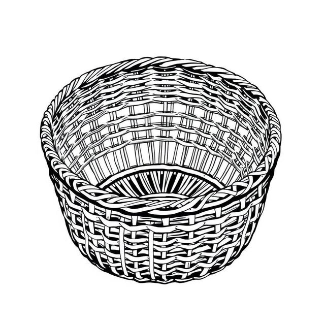 An illustration of a simple, thin woven basket that features no handles and a minimalist style