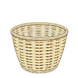 An illustration of a simple, thin woven basket that features no handles and a minimalist style