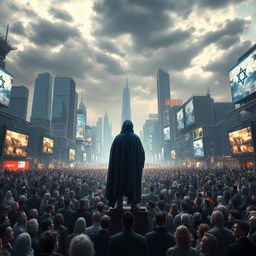 A powerful and unsettling scene set in a futuristic urban landscape about 80-90 years in the future, capturing the anniversary celebration of the 'Greater State of Israel' amid a backdrop of historical tension