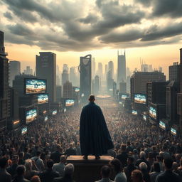 A powerful and unsettling scene set in a futuristic urban landscape about 80-90 years in the future, capturing the anniversary celebration of the 'Greater State of Israel' amid a backdrop of historical tension