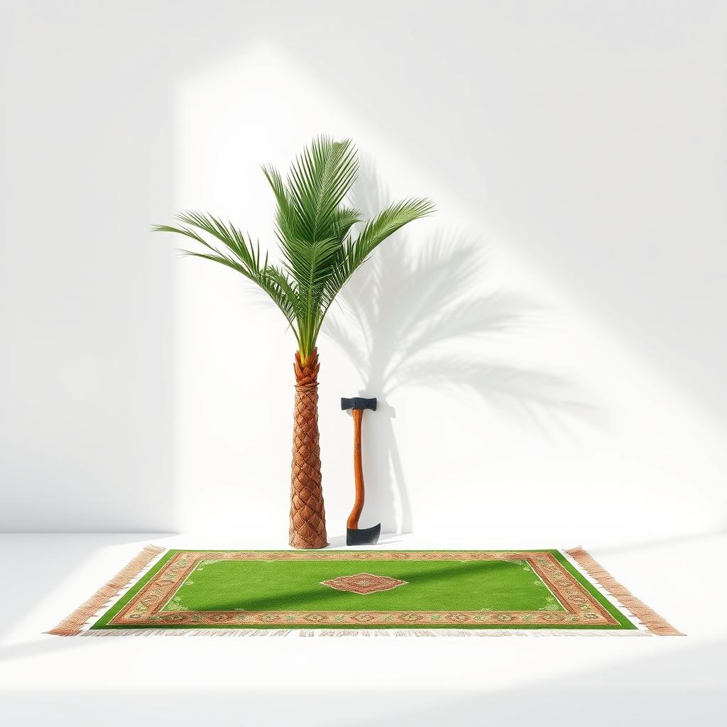 A minimalistic scene presented against a pristine white background, featuring a very large palm tree positioned in the corner