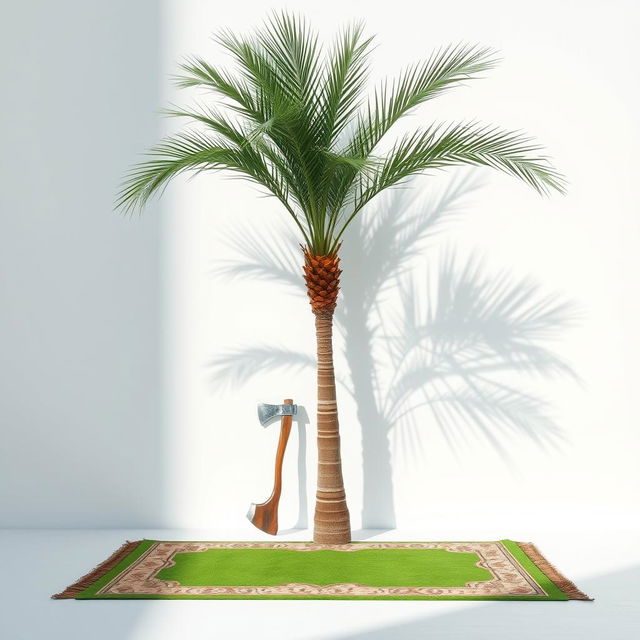 A minimalistic scene presented against a pristine white background, featuring a very large palm tree positioned in the corner