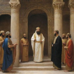 King Nimrod, seething with anger, commands Prophet Ibrahim to leave the royal court in ancient Babylon. The charged interaction creates a stark contrast amidst the opulent royal setting.