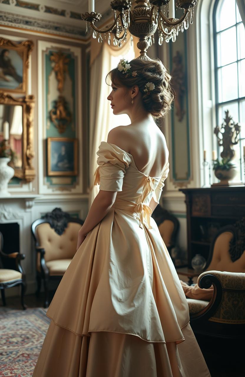 A light-skinned woman dressed in an elegant historical gown, standing in a beautifully ornate room filled with antique furniture and vintage decor