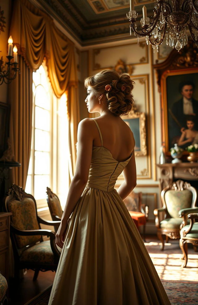 A light-skinned woman dressed in an elegant historical gown, standing in a beautifully ornate room filled with antique furniture and vintage decor