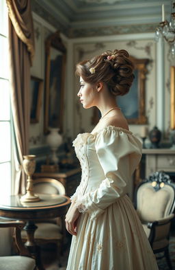 A light-skinned woman dressed in an elegant historical gown, standing in a beautifully ornate room filled with antique furniture and vintage decor