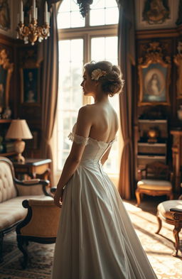 A light-skinned woman dressed in an elegant historical gown, standing in a beautifully ornate room filled with antique furniture and vintage decor