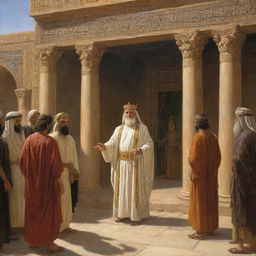 King Nimrod, seething with anger, commands Prophet Ibrahim to leave the royal court in ancient Babylon. The charged interaction creates a stark contrast amidst the opulent royal setting.