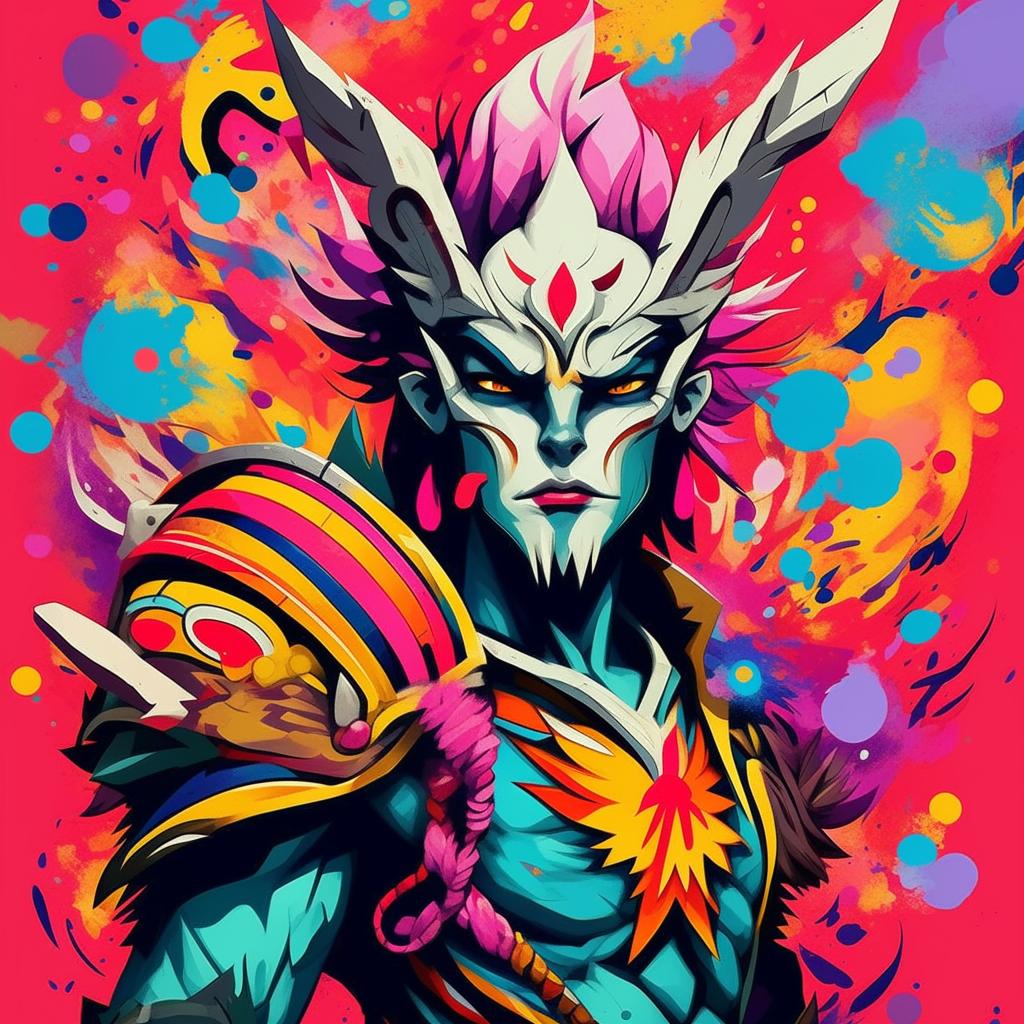 A stylized Murakami print of Zed from League of Legends, highlighting Zed's distinctive features and costume. Embellished with vibrant, superflat art elements typical for Murakami's style.