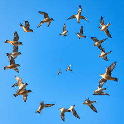 A striking visual of a clear spiral formation of flying birds gracefully navigating through the sky
