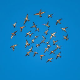 A striking visual of a clear spiral formation of flying birds gracefully navigating through the sky