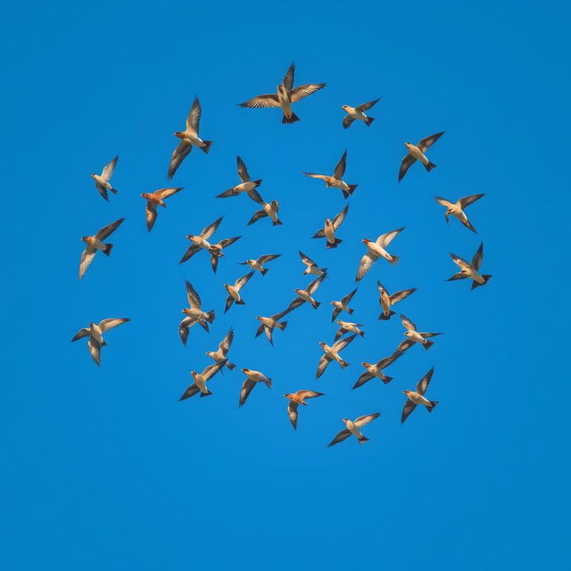 A striking visual of a clear spiral formation of flying birds gracefully navigating through the sky