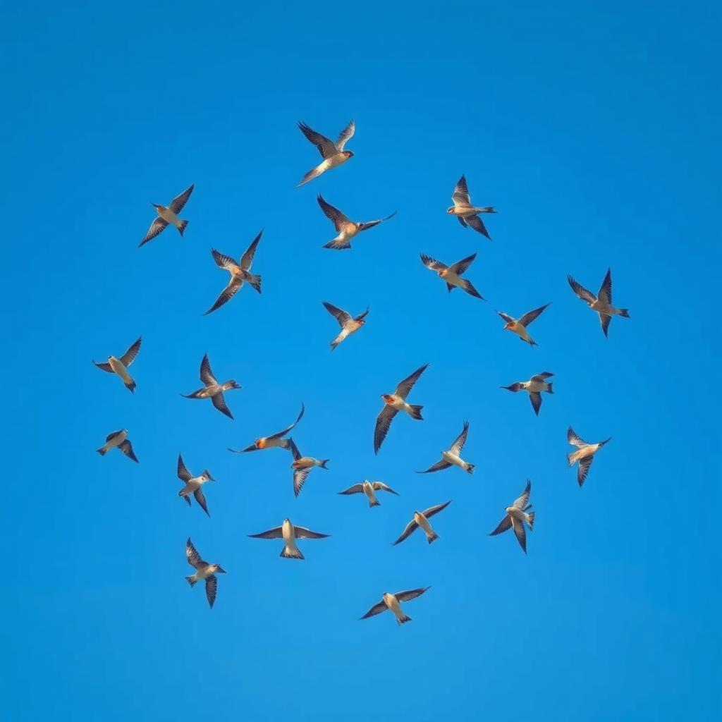 A striking visual of a clear spiral formation of flying birds gracefully navigating through the sky