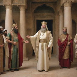 King Nimrod, seething with anger, commands Prophet Ibrahim to leave the royal court in ancient Babylon. The charged interaction creates a stark contrast amidst the opulent royal setting.