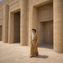 Prophet Ibrahim, maintaining his serene composure, departs from King Nimrod's grand court in ancient Babylon. His radiant figure receding in the distance adds a dramatic element to the opulent Babylonian architecture.