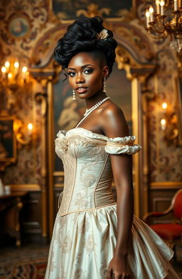 A stunning brown-skinned woman dressed in beautiful historical attire, standing in an ornate room filled with rich, vintage decor