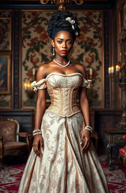 A stunning brown-skinned woman dressed in beautiful historical attire, standing in an ornate room filled with rich, vintage decor