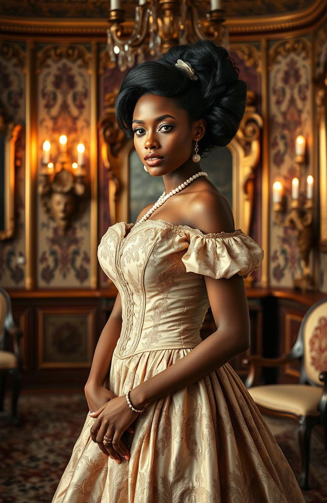 A stunning brown-skinned woman dressed in beautiful historical attire, standing in an ornate room filled with rich, vintage decor