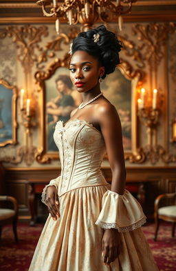 A stunning brown-skinned woman dressed in beautiful historical attire, standing in an ornate room filled with rich, vintage decor