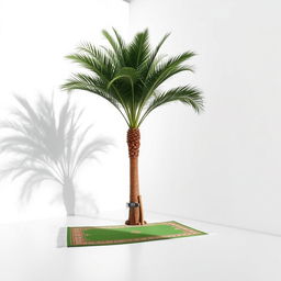 A minimalistic scene set against a pristine white background, featuring a very large palm tree positioned in the corner