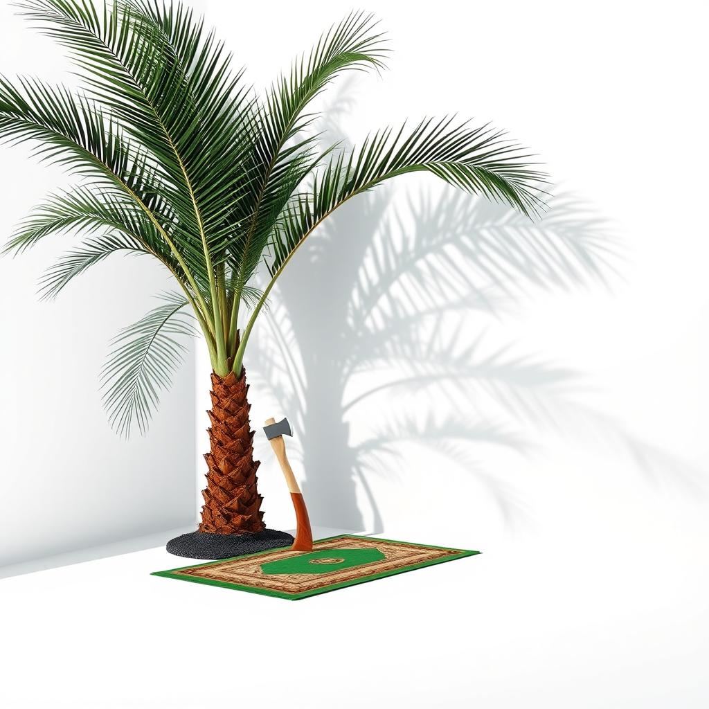 A minimalistic scene set against a pristine white background, featuring a very large palm tree positioned in the corner