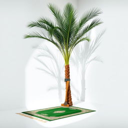 A minimalistic scene set against a pristine white background, featuring a very large palm tree positioned in the corner
