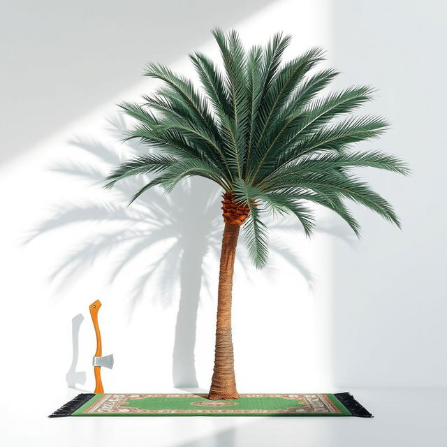 A minimalistic scene set against a pristine white background, featuring a very large palm tree positioned in the corner