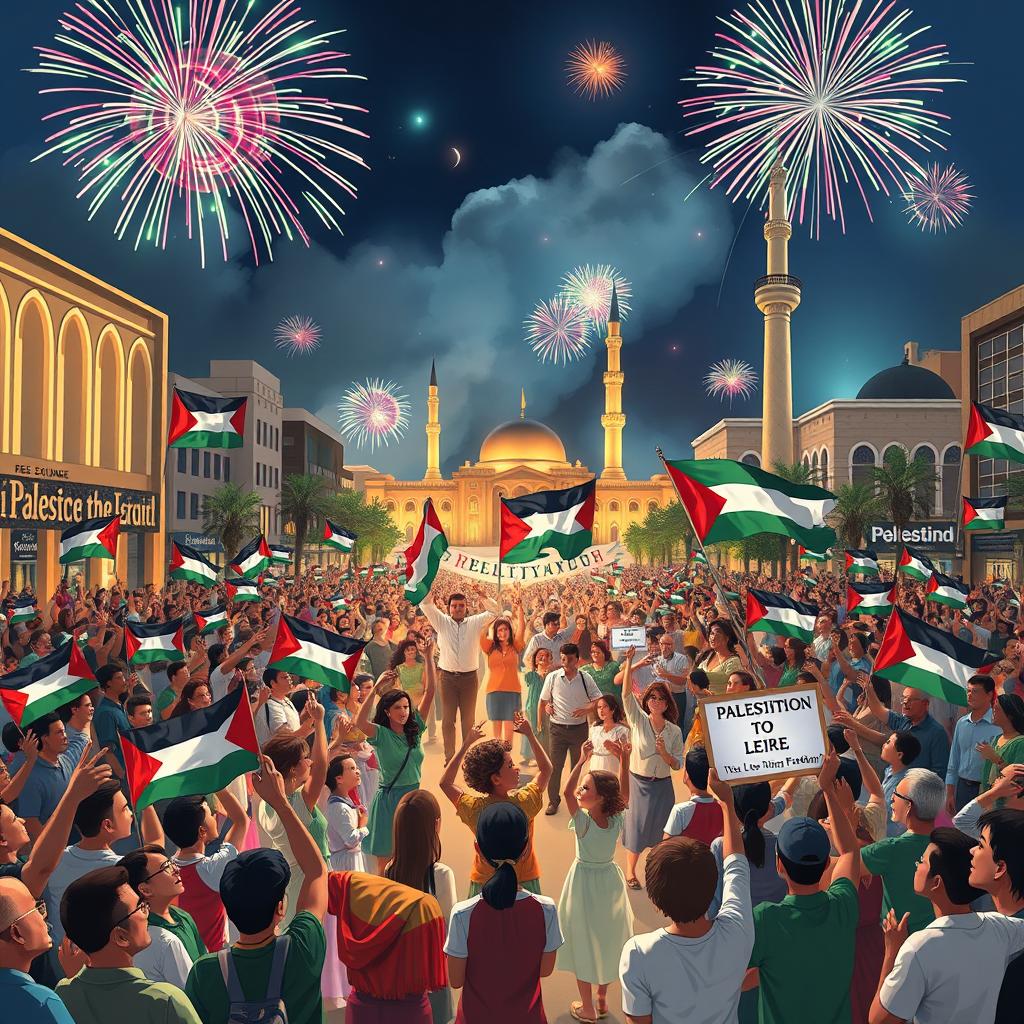 A vibrant and uplifting scene depicting the moment of celebration for the liberation of Palestine